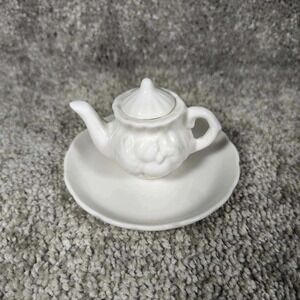Miniature Teapot and Saucer Set White Embossed Floral Ceramic Decor Cottagecore